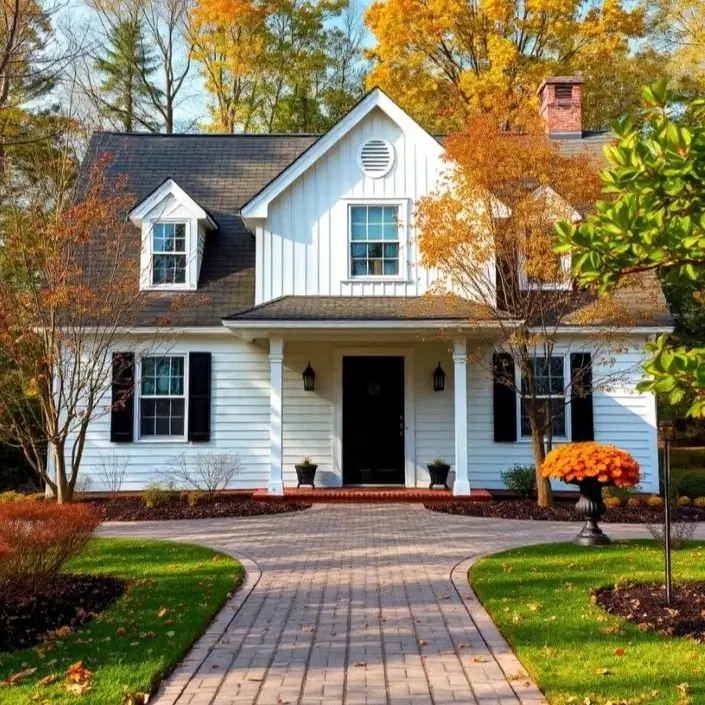 A white farmhouse with black shutters surrounded by trees with vibrant yellow and orange autumn leaves, with a paver walkway leading to the front door.