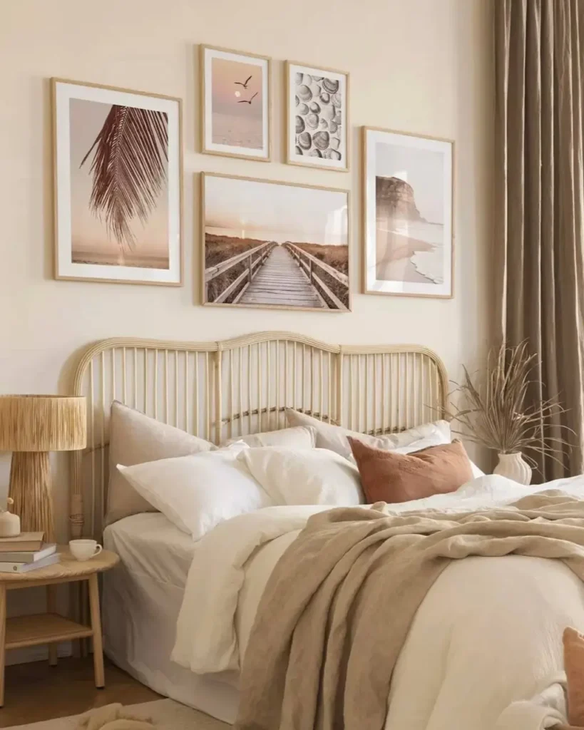A warm, neutral boho bedroom with a gallery wall of five coastal-themed art prints in light wood frames above a rattan headboard.