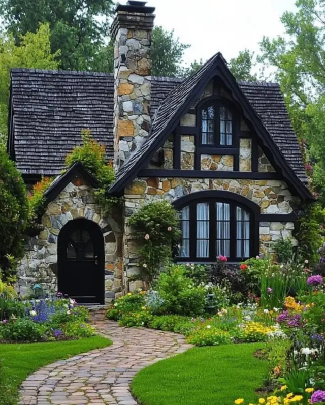 A fairytale stone cottage with dark timber details and a curving stone path through a colorful garden.