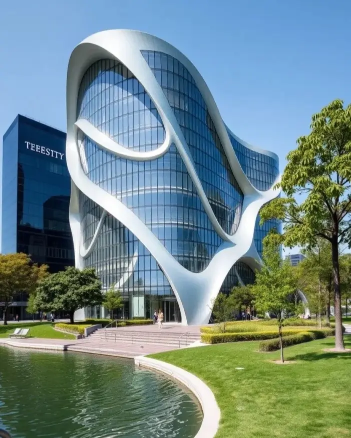 A modern glass building wrapped in a fluid, white sculptural exoskeleton, a futuristic architectural concept.