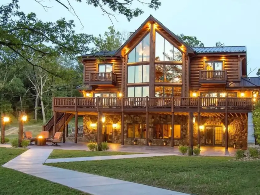 Embracing Grandeur: 25 Inspiring Ideas for Large Log Cabin Homes 12 A beautifully lit large log cabin home at twilight, showcasing its glass facade, stone foundation, and multi-level decks.