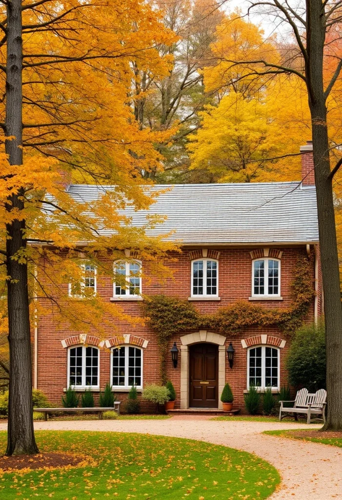 Red brick British country house with arched windows and ivy, surrounded by autumn trees.