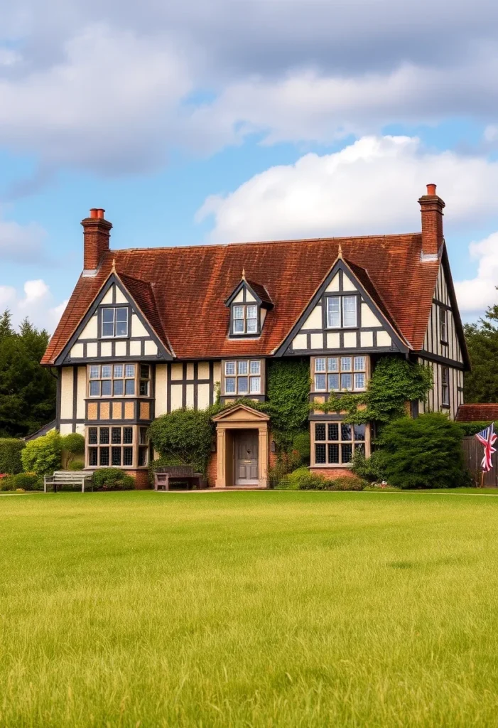 Tudor-style home with timber framing, a red roof, ivy accents, and an expansive green lawn.