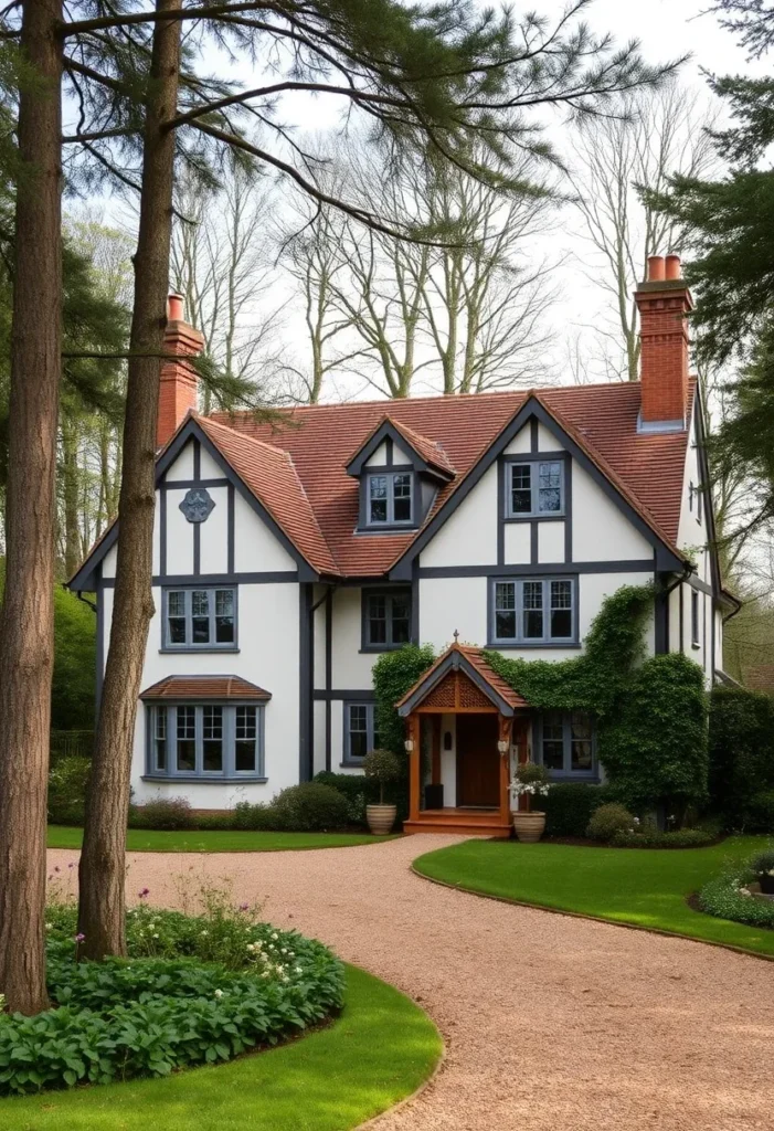 Tudor-style home with black timber details, red-tiled roof, and a curved gravel driveway surrounded by greenery.