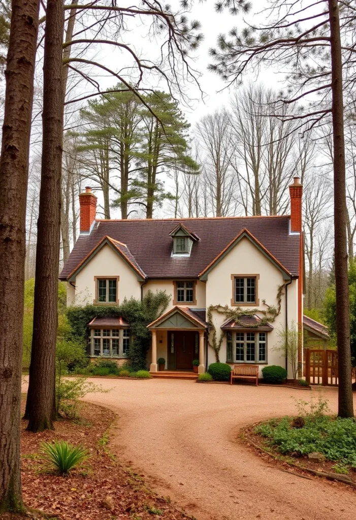 Cream-colored cottage with a red roof, ivy accents, and a curved gravel driveway in a woodland setting.