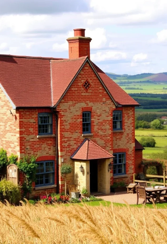 Red brick countryside cottage with a tiled roof, outdoor seating, and scenic views of rolling fields.