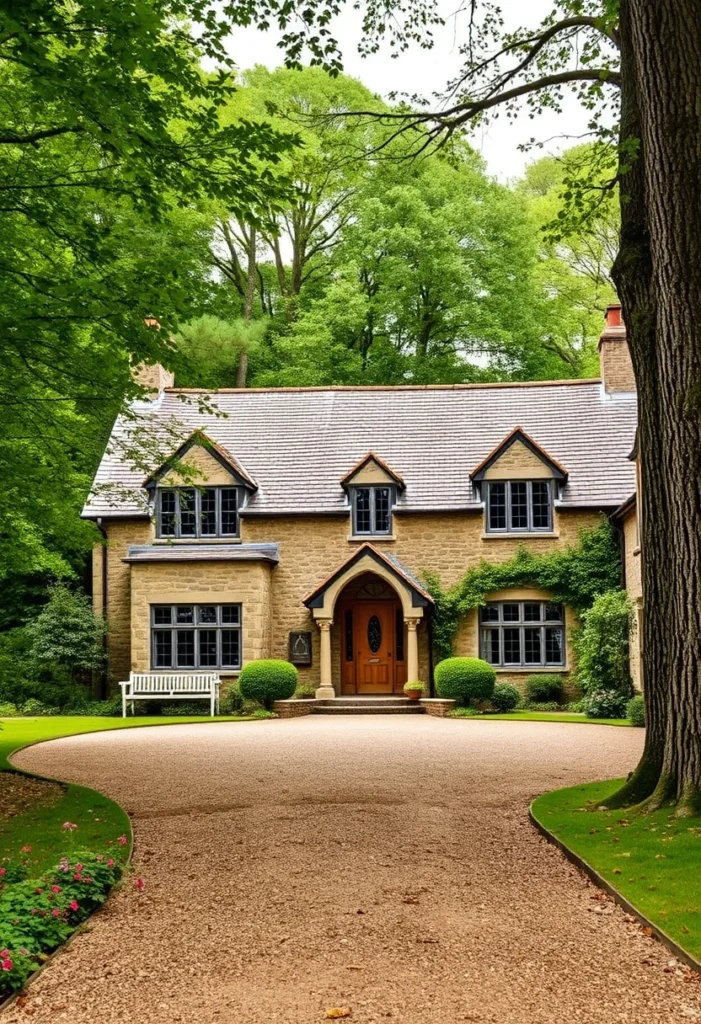 Stone cottage with black-framed windows, arched doorway, and a curved gravel driveway in a wooded area.