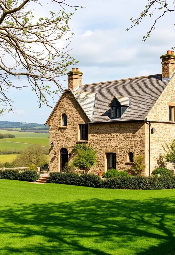 Stone cottage with a slate roof, arched windows, and views of rolling hills and green fields.