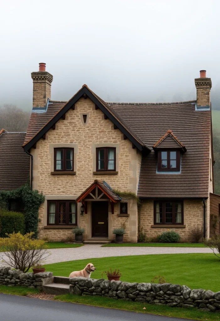 Stone cottage with a pitched roof, misty backdrop, and a stone wall enclosing a green lawn.