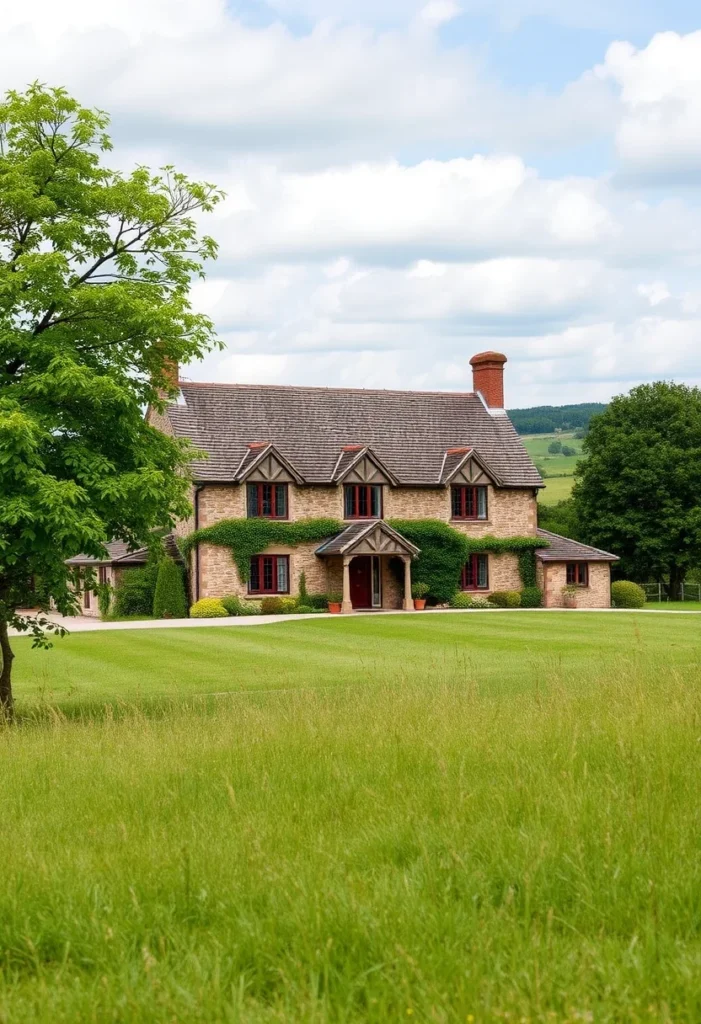 Stone cottage with red-framed windows, ivy accents, and a large manicured lawn in a countryside setting.