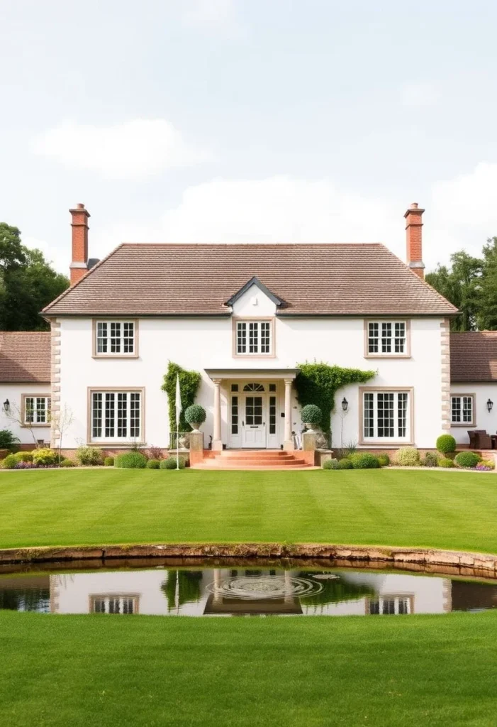 White manor house with a symmetrical facade, manicured lawn, and reflecting pond in a countryside setting.