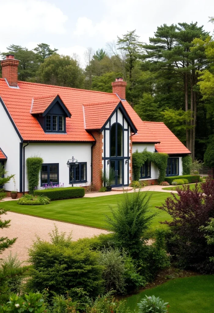 Tudor-style cottage with a red-tiled roof, arched window, and manicured lawn surrounded by gardens.