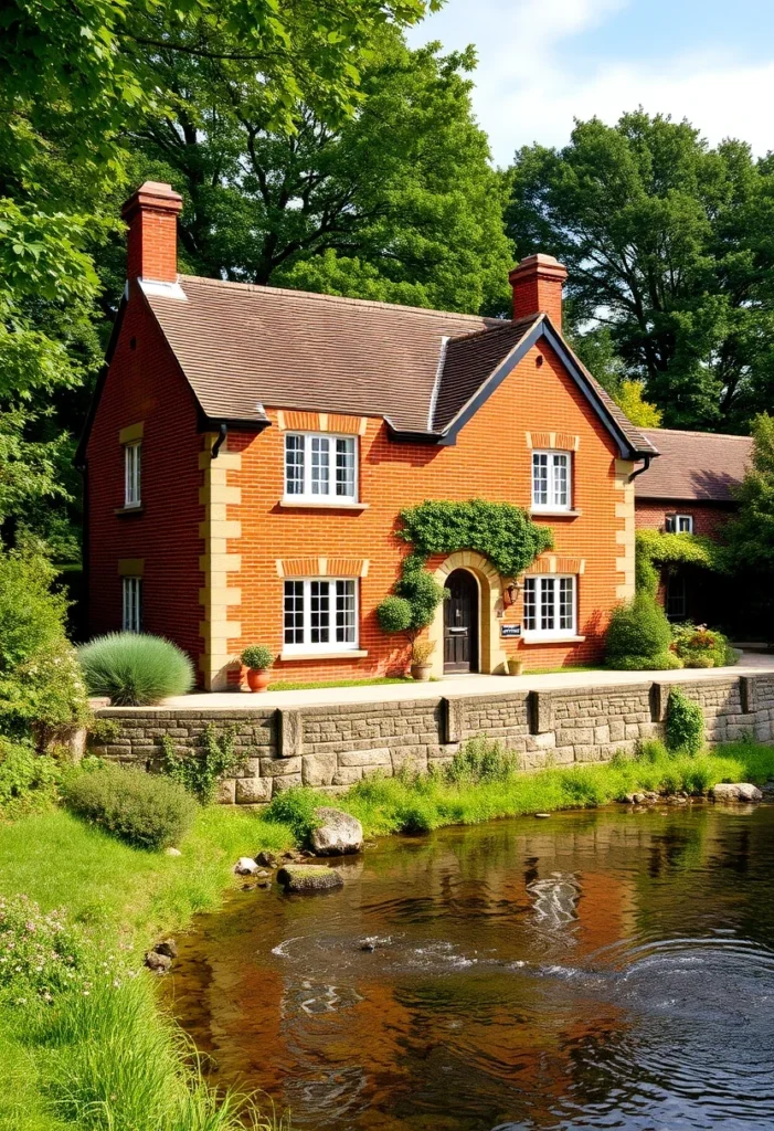 Red brick cottage with an arched entryway, lush greenery, and a tranquil river view.