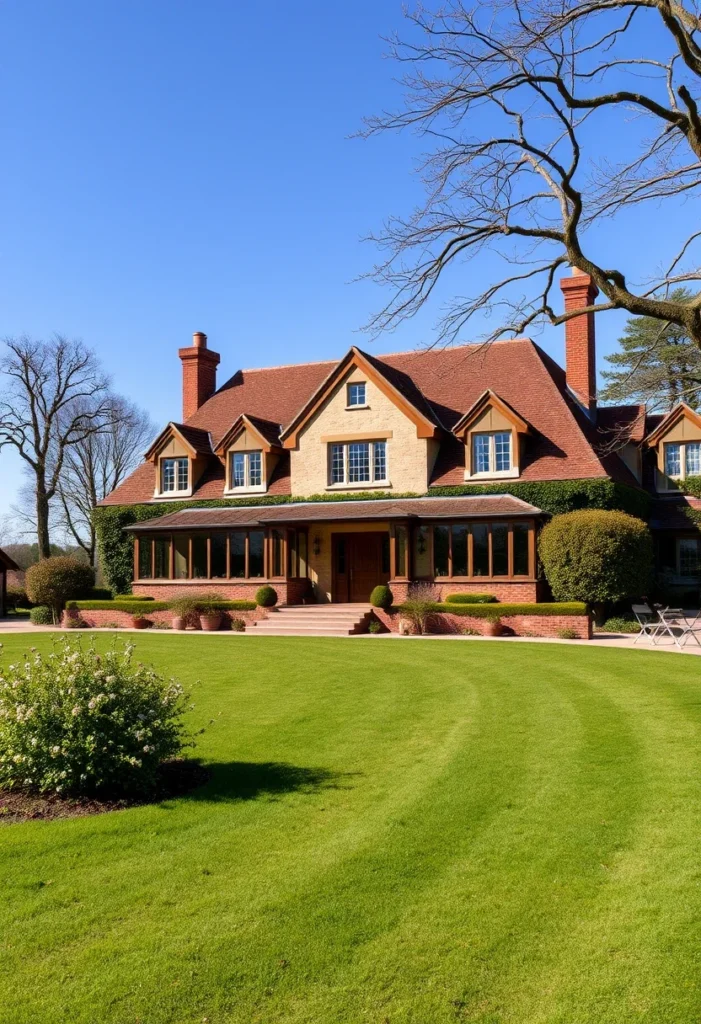 White country house with a red-tiled roof, ivy accents, and a tranquil lake surrounded by greenery.