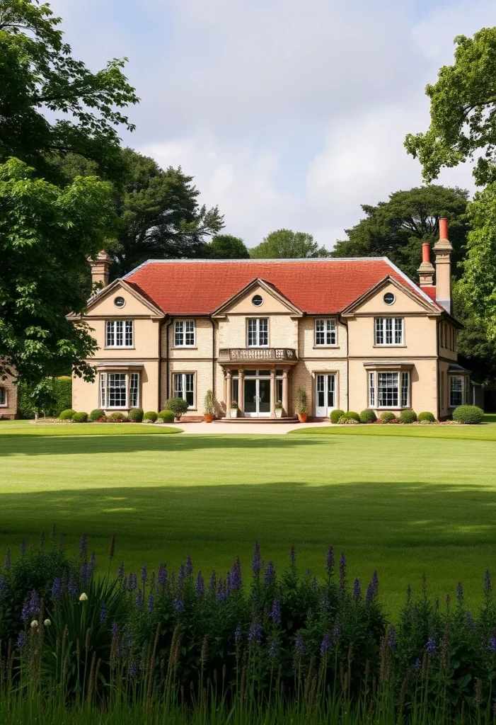 Red-brick country manor with black accents, a green lawn, and a lake with aquatic plants.