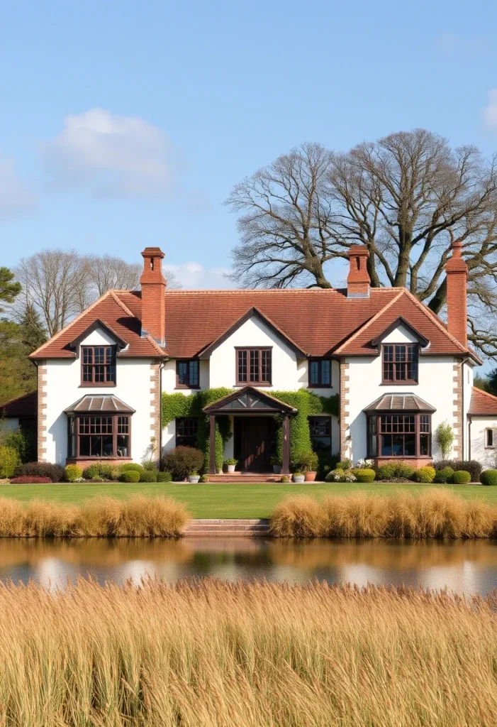 Majestic manor with a red-tiled roof, symmetrical design, and vibrant flower gardens leading to the entrance.