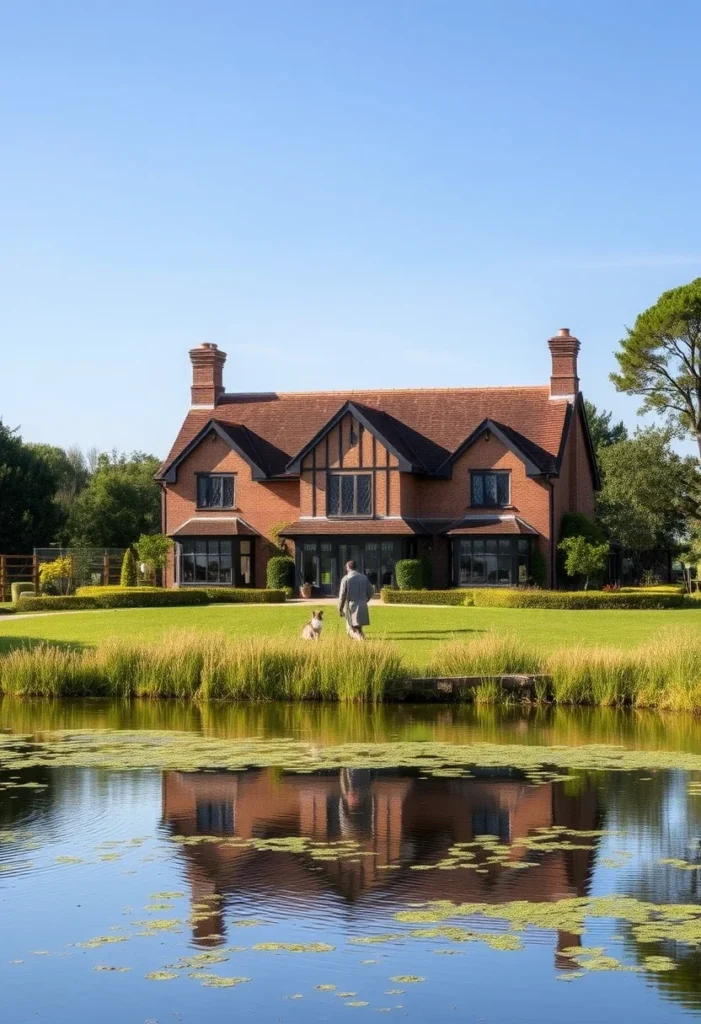 Elegant estate with brick exterior, bay windows, and terraced lawns surrounded by lush greenery.