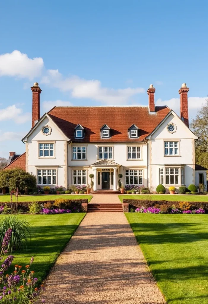 Grand brick manor with bay windows, lush green lawn, and terraced landscaping.