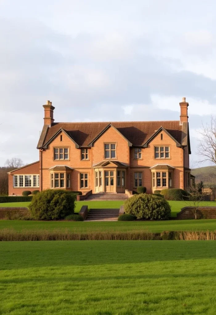 Countryside home with red-tiled roof, white facade, wraparound porch, and lakeside views surrounded by lush greenery.