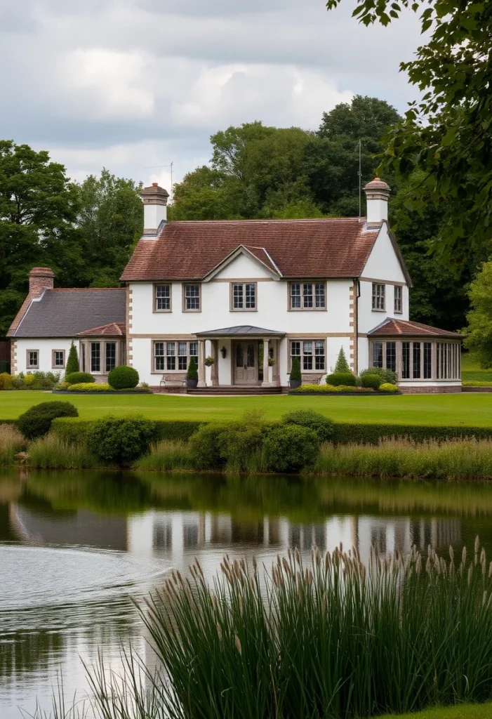 Countryside house with red-tiled roof, white walls, and bay windows near a tranquil lake surrounded by greenery.