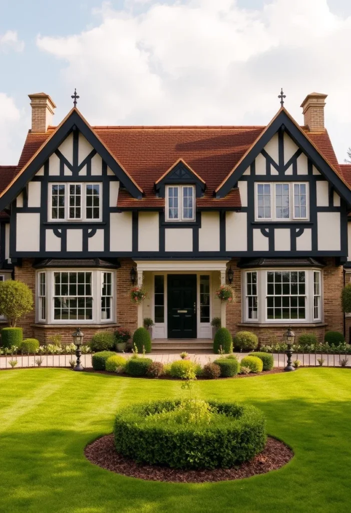 Tudor-style home with black-and-white timbered façade, red roof, and manicured garden.