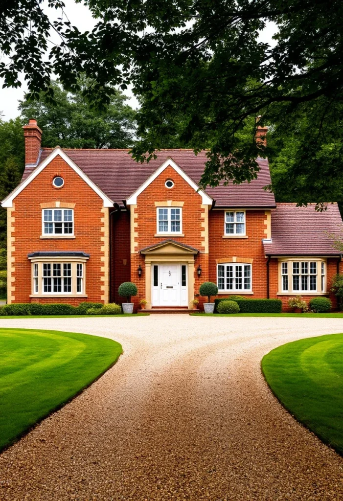 brick house with cream accents, bay windows, and a landscaped driveway framed by lush greenery.