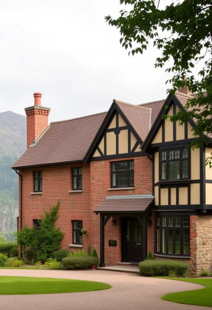 Tudor-style red-brick house with timber-framed accents and a landscaped garden pathway.