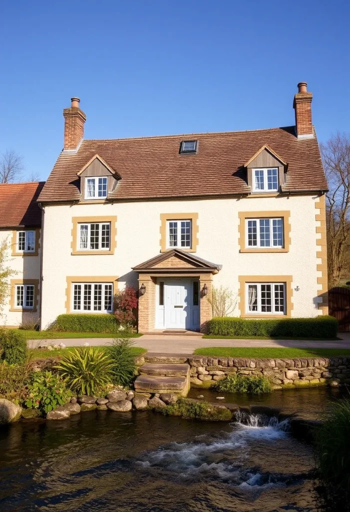 White British country house with golden trim, a sloped roof, and a tranquil stream in the front.