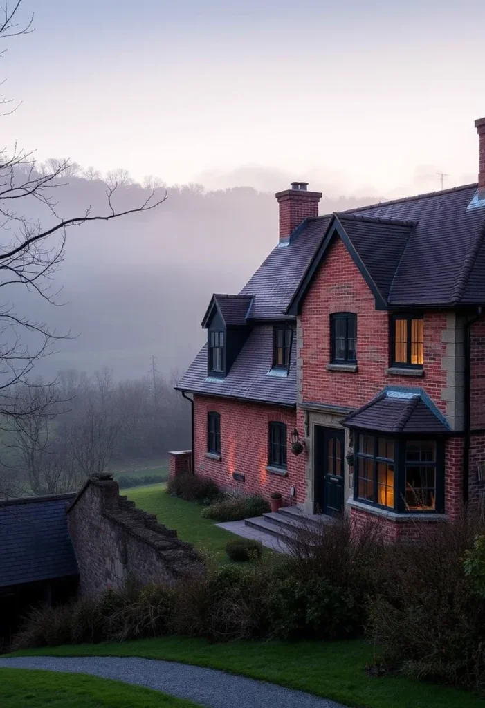 Red-brick house with glowing windows, surrounded by misty countryside and lush greenery.