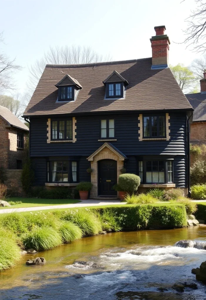 Black timber cottage with stone accents by a stream and lush landscaping.