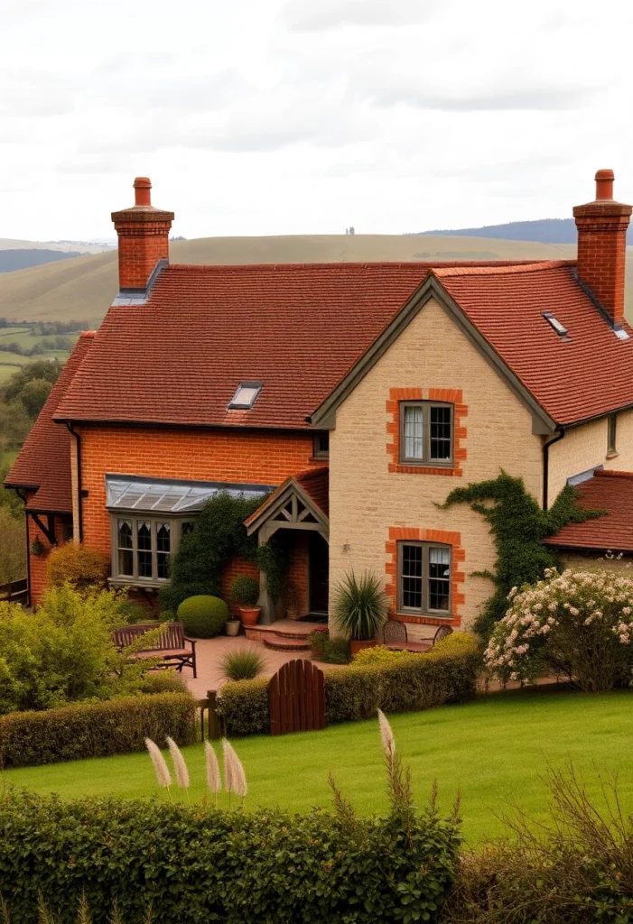 Brick and cream country house with a patio and lush garden on a hillside.