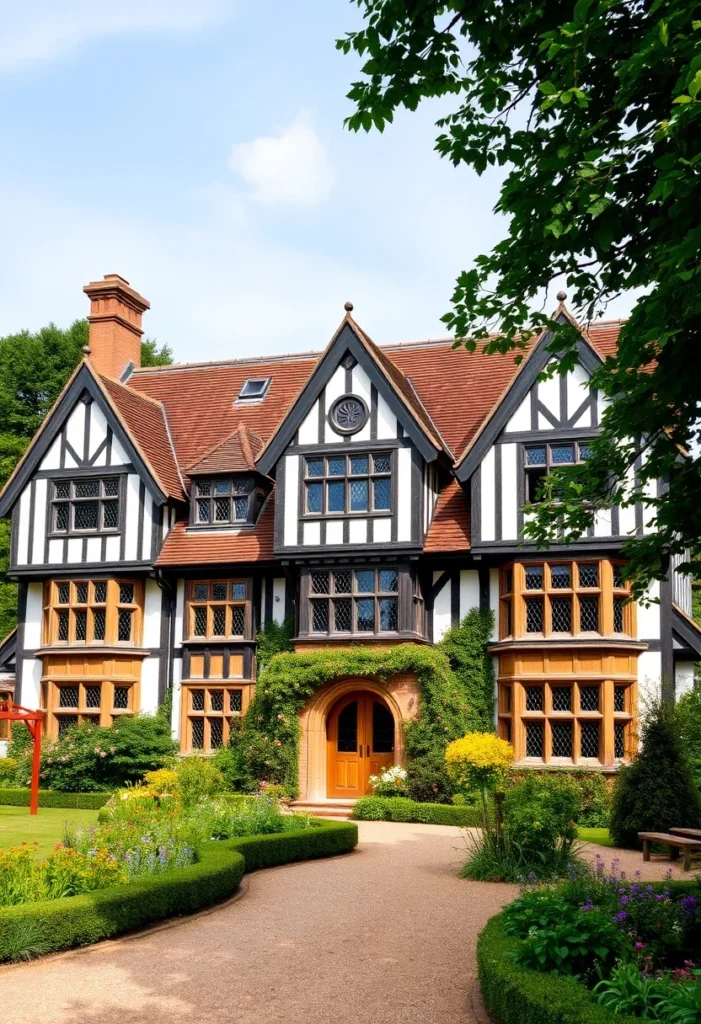 Tudor Revival house with timber framing, bay windows, and lush gardens.