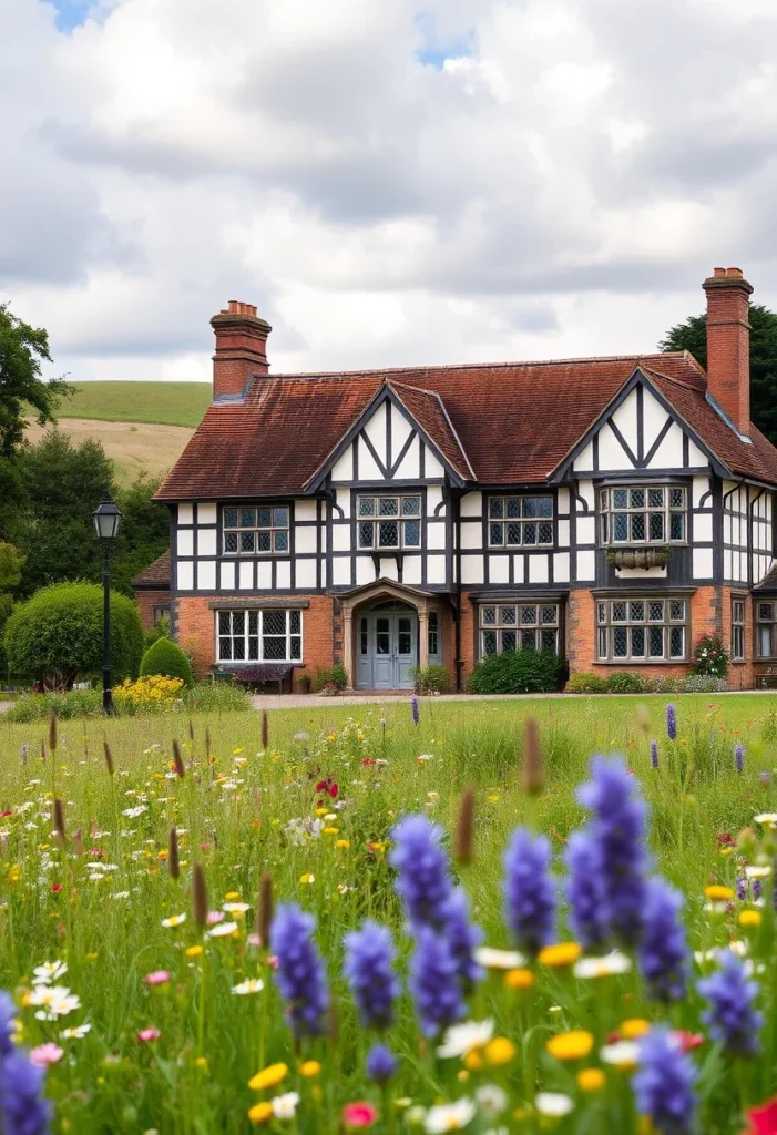 Tudor-style countryside house with wildflower meadow and black-and-white timbered façade.