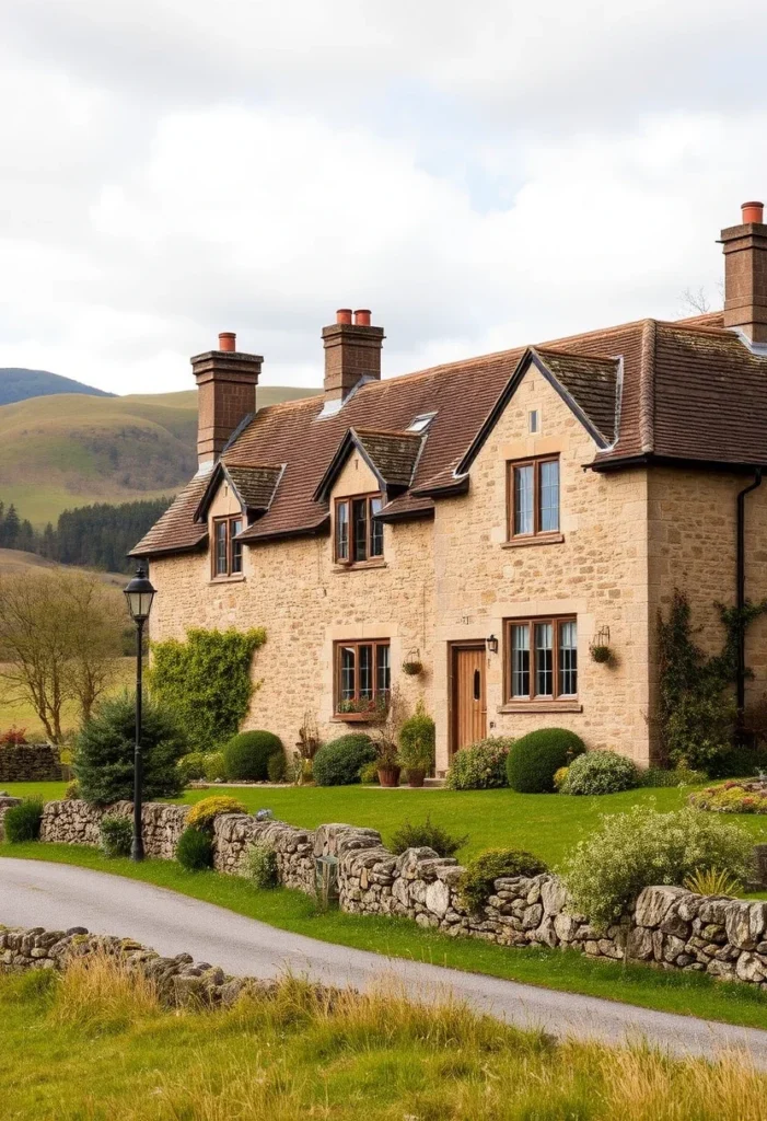 Traditional stone cottage with wooden windows, a manicured garden, and scenic countryside backdrop.