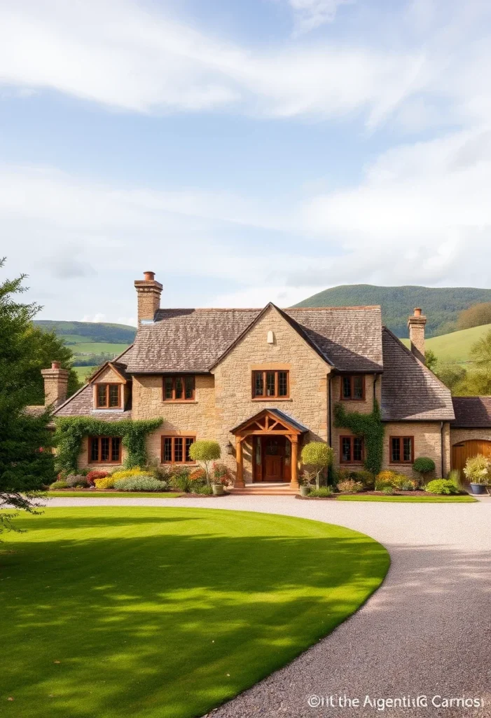 Stone manor with ivy-covered walls, wooden windows, timber porch, and scenic countryside surroundings.