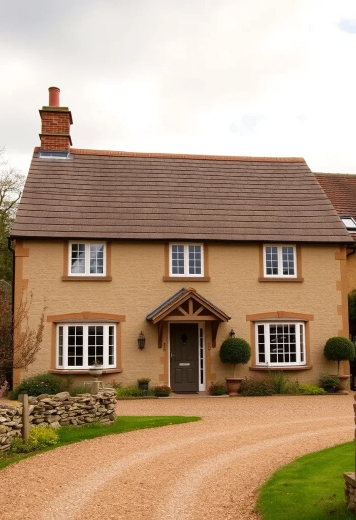 Beige English cottage with white windows, a timber porch, and a stone-bordered driveway.