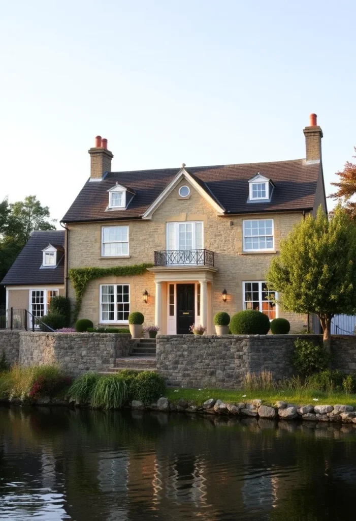 Elegant riverside house with stone walls, a black door, and a balcony, surrounded by manicured greenery.