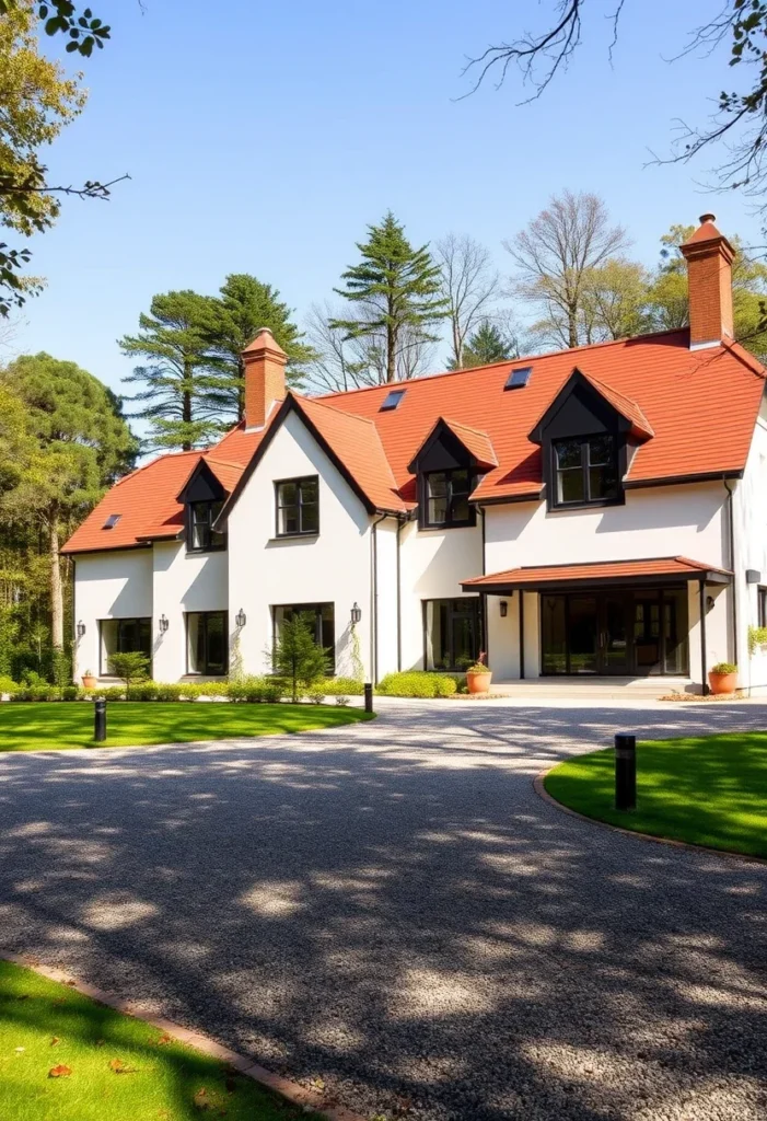 Modern countryside house with a red-tile roof, white facade, dormer windows, and a landscaped driveway.