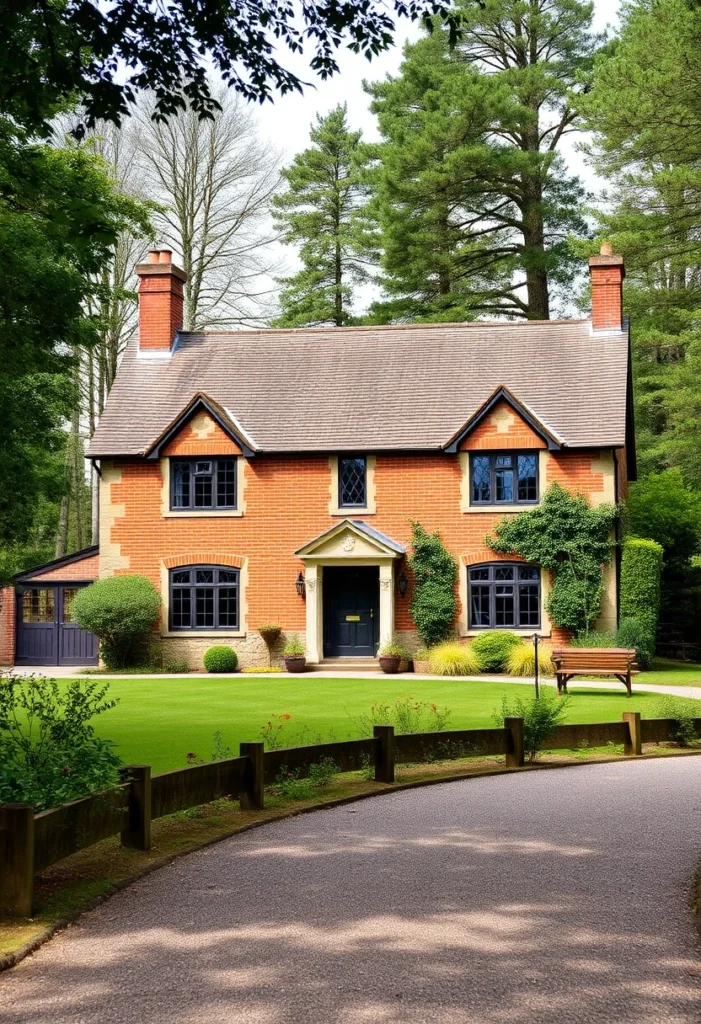 Red brick British country house with ivy accents, black-framed windows, and a winding driveway in a forest setting.