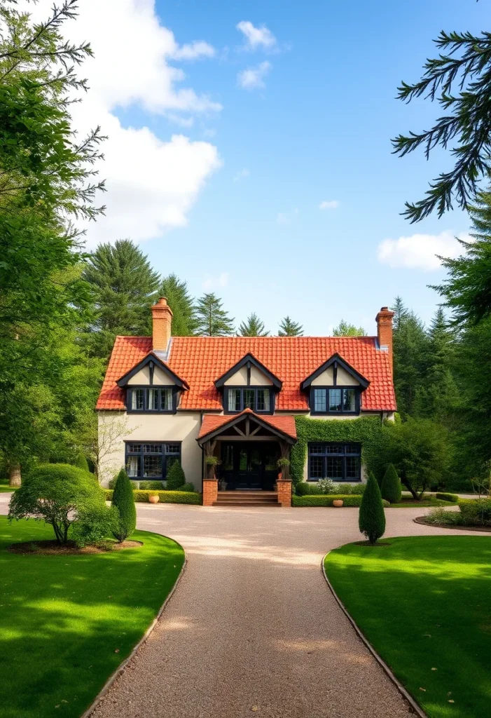 Traditional forest home with a red-tile roof, ivy-covered walls, and timber-framed porch surrounded by lush greenery.