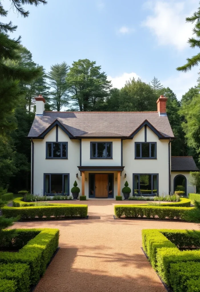 Modern two-story home with dark window trims, a wooden front door, and landscaped hedges, surrounded by a lush forest.