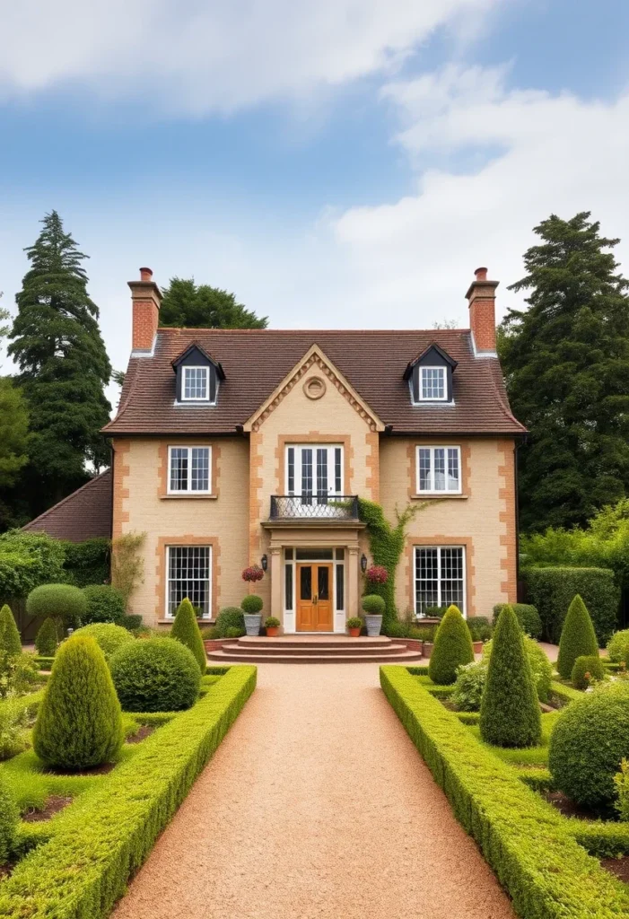 Georgian-style house with a symmetrical facade, balcony, vibrant greenery, and manicured garden pathway.