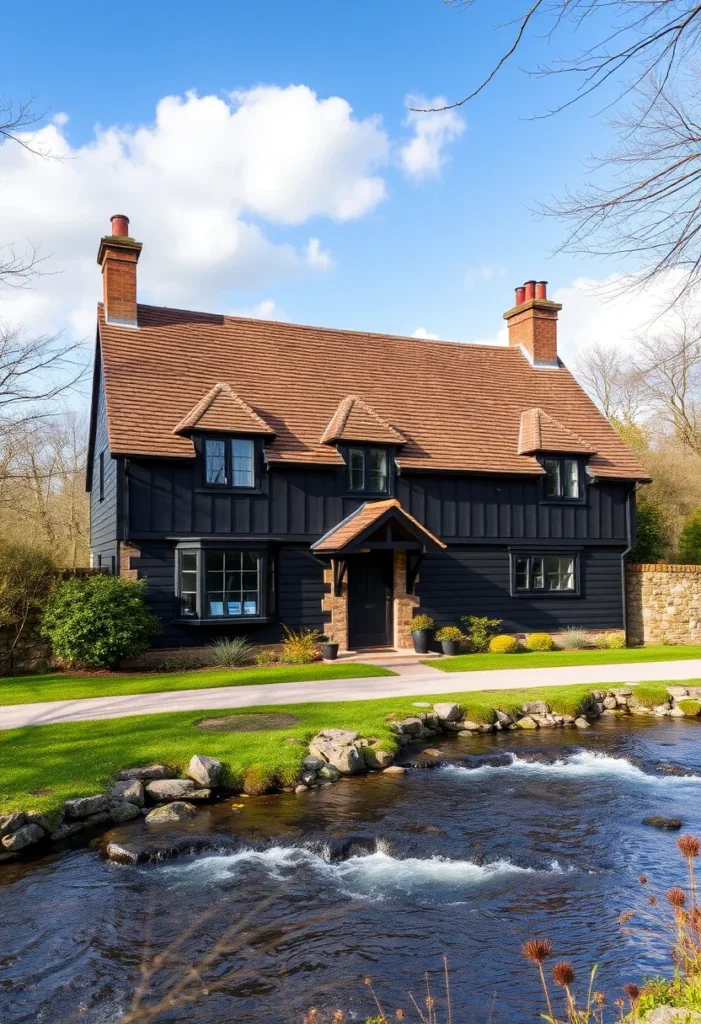 Black timber cottage with a red-tiled roof, large windows, and a stream in the foreground.