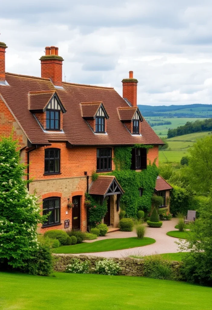 Red brick country house with dormer windows, ivy accents, and a view of rolling green hills.