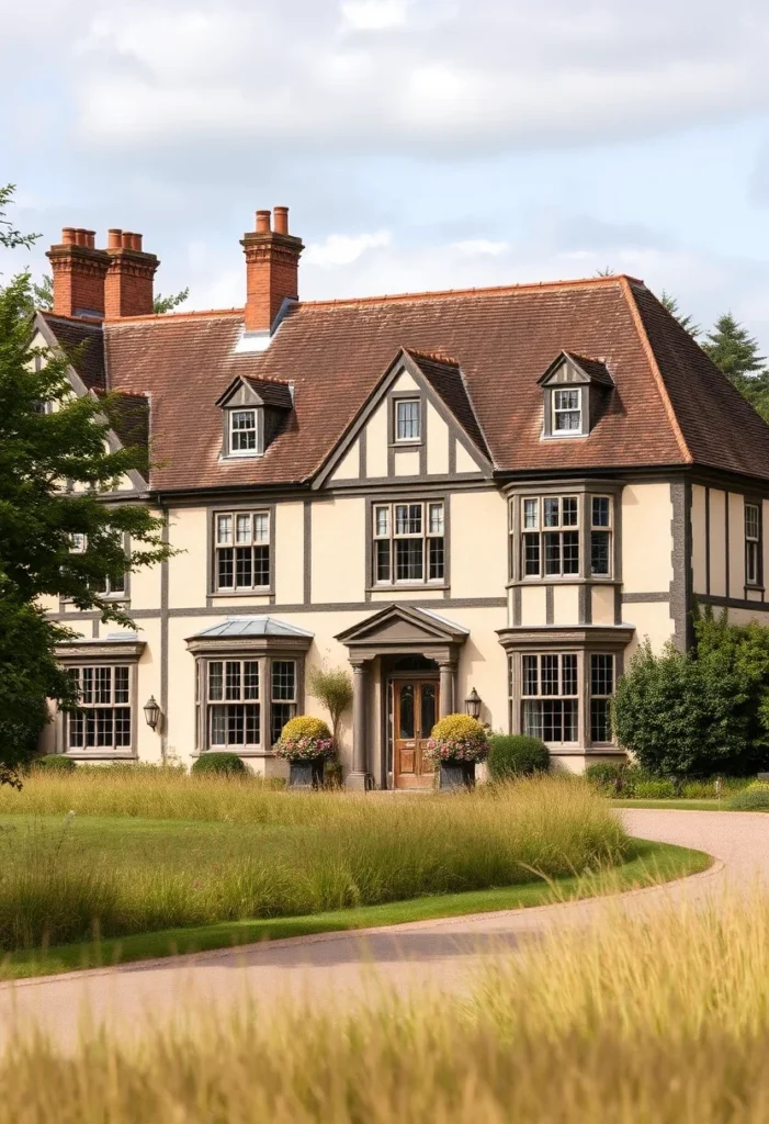 Tudor-style country house with timber details, bay windows, and a red-tiled roof surrounded by a large front lawn.