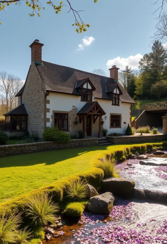 Stone and white-rendered cottage with a manicured lawn and a stream lined with petals.