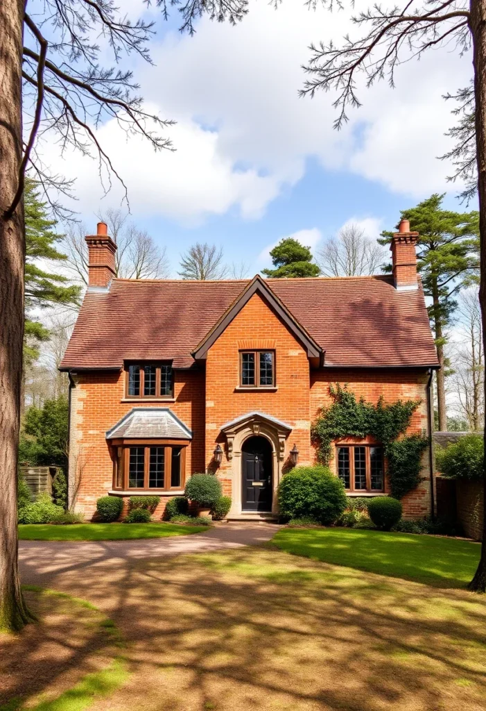 Red brick countryside cottage with a slate bay window, arched entryway, and climbing ivy.