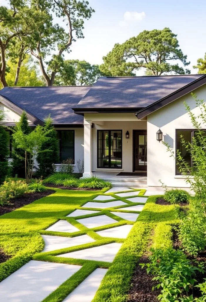 Ranch house with a modern geometric walkway, lush greenery, and neat landscaping.