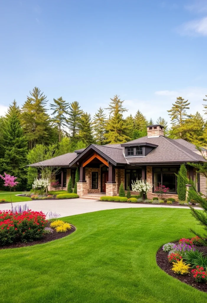 Ranch house with stone columns, dark wooden beams, colorful flower beds, and a well-manicured lawn.