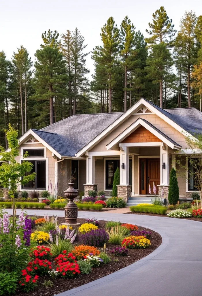 Ranch house with colorful flower beds, stone porch columns, and beige siding surrounded by tall trees.